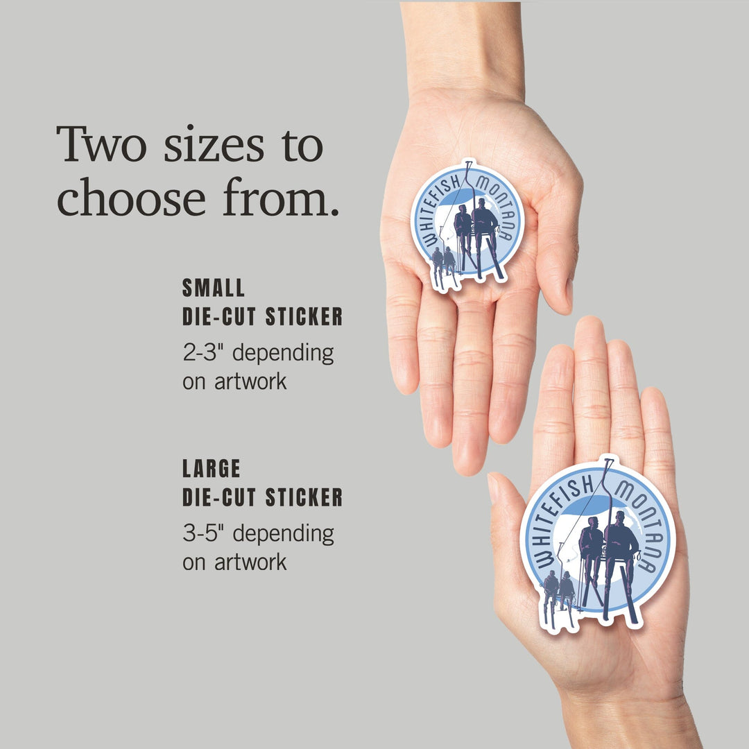 Whitefish, Montana, Skiers on Lift, Contour, Vinyl Sticker Sticker Lantern Press