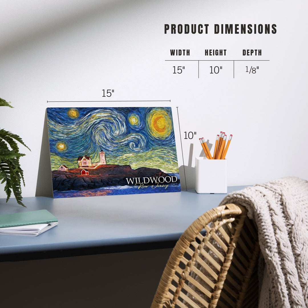 Wildwood, New Jersey, East Coast Lighthouse, Starry Night, Lantern Press Artwork, Wood Signs and Postcards Wood Lantern Press