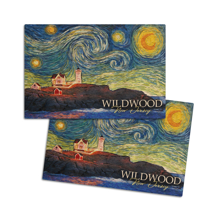 Wildwood, New Jersey, East Coast Lighthouse, Starry Night, Lantern Press Artwork, Wood Signs and Postcards Wood Lantern Press 4x6 Wood Postcard Set