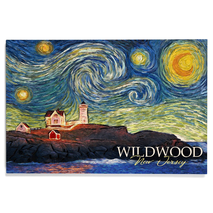 Wildwood, New Jersey, East Coast Lighthouse, Starry Night, Lantern Press Artwork, Wood Signs and Postcards Wood Lantern Press