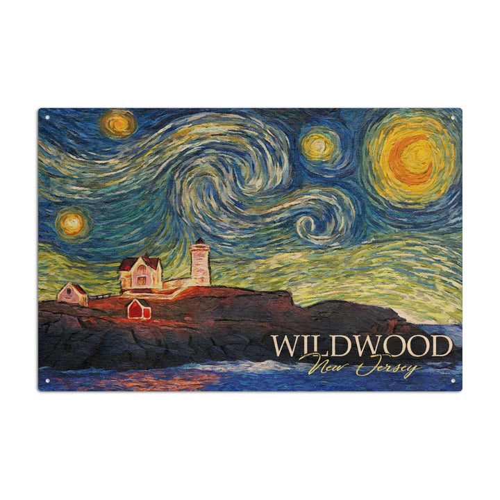 Wildwood, New Jersey, East Coast Lighthouse, Starry Night, Lantern Press Artwork, Wood Signs and Postcards Wood Lantern Press 6x9 Wood Sign