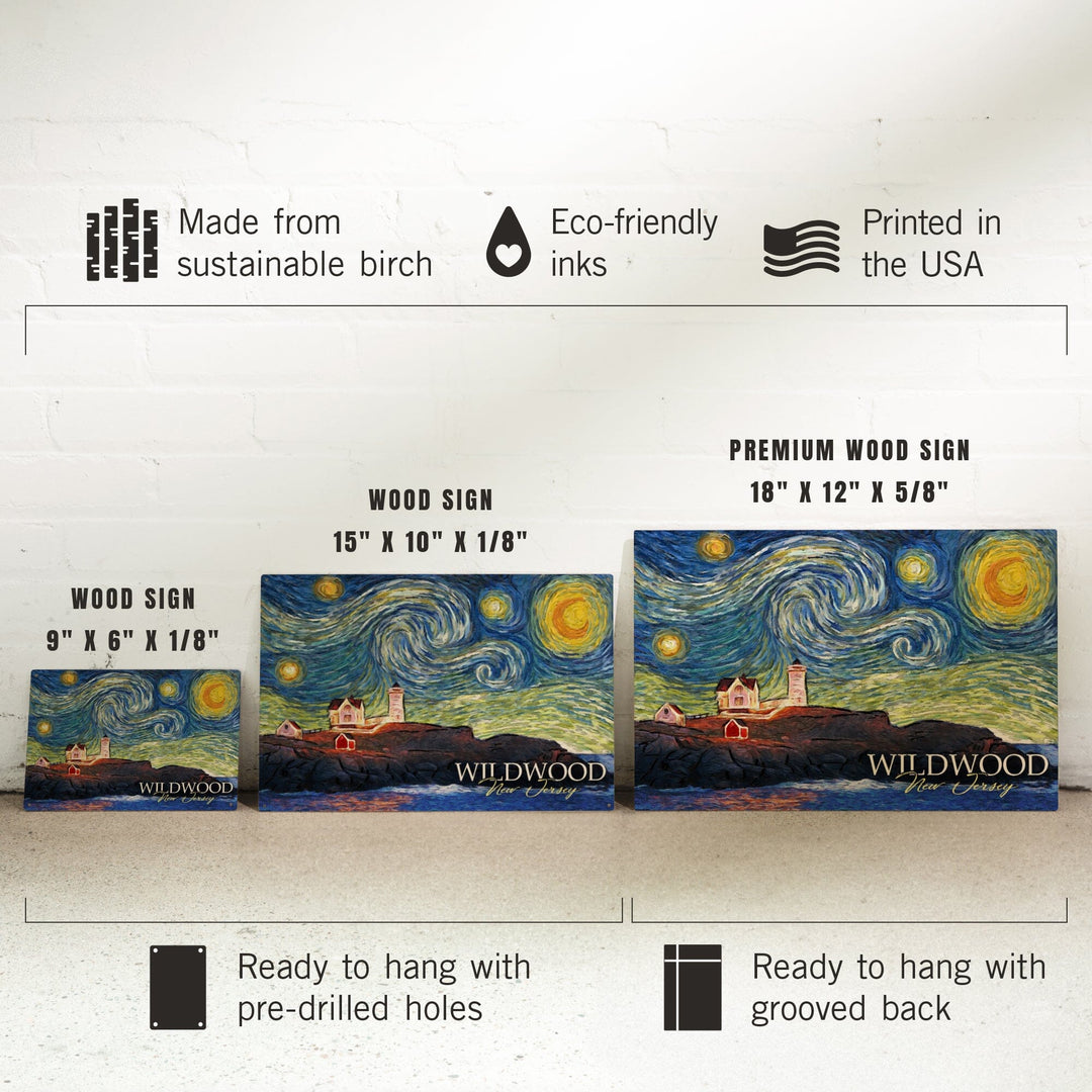 Wildwood, New Jersey, East Coast Lighthouse, Starry Night, Lantern Press Artwork, Wood Signs and Postcards Wood Lantern Press