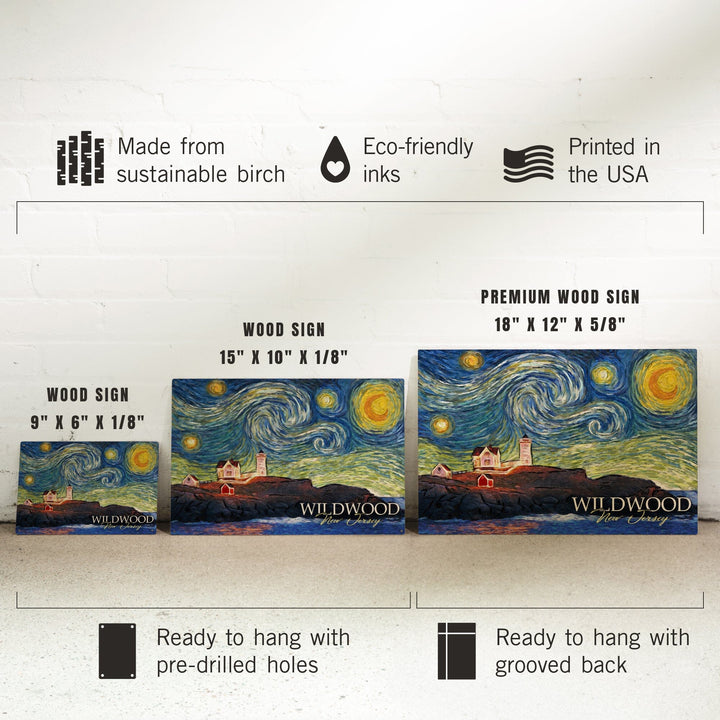 Wildwood, New Jersey, East Coast Lighthouse, Starry Night, Lantern Press Artwork, Wood Signs and Postcards Wood Lantern Press