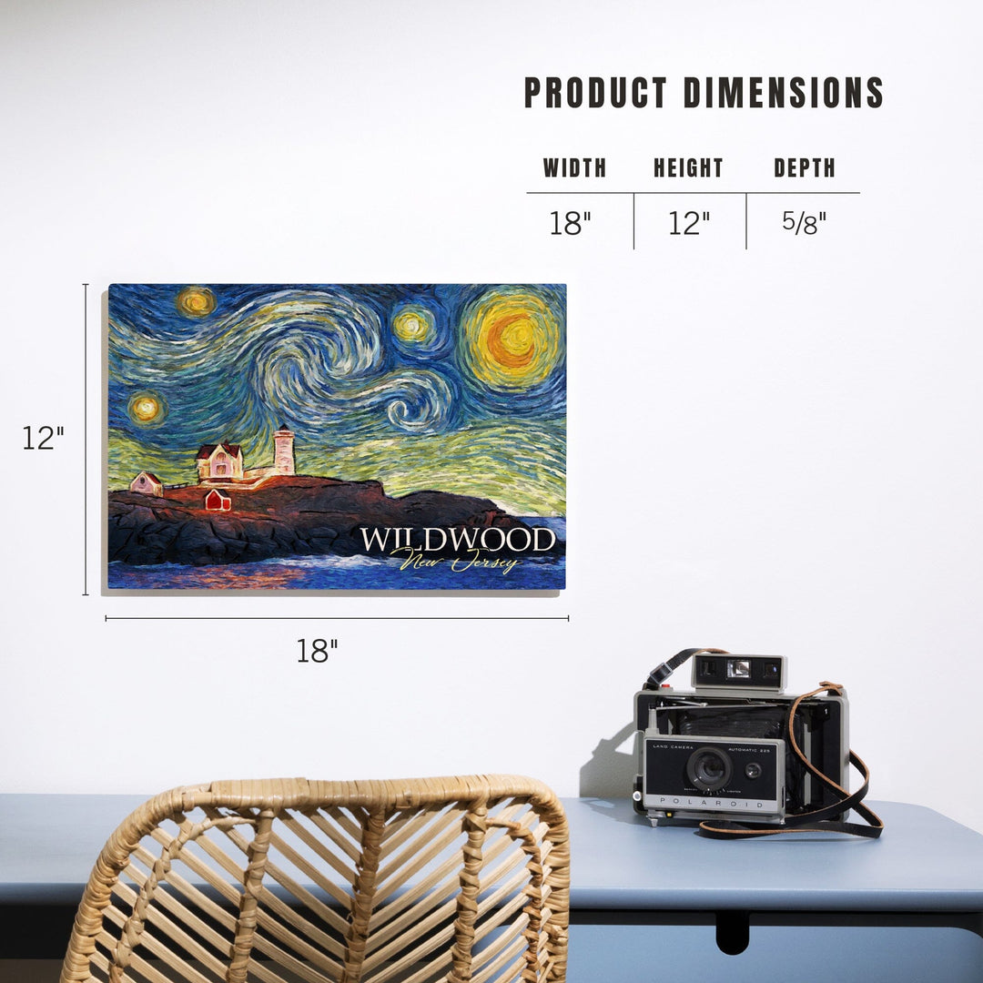 Wildwood, New Jersey, East Coast Lighthouse, Starry Night, Lantern Press Artwork, Wood Signs and Postcards Wood Lantern Press