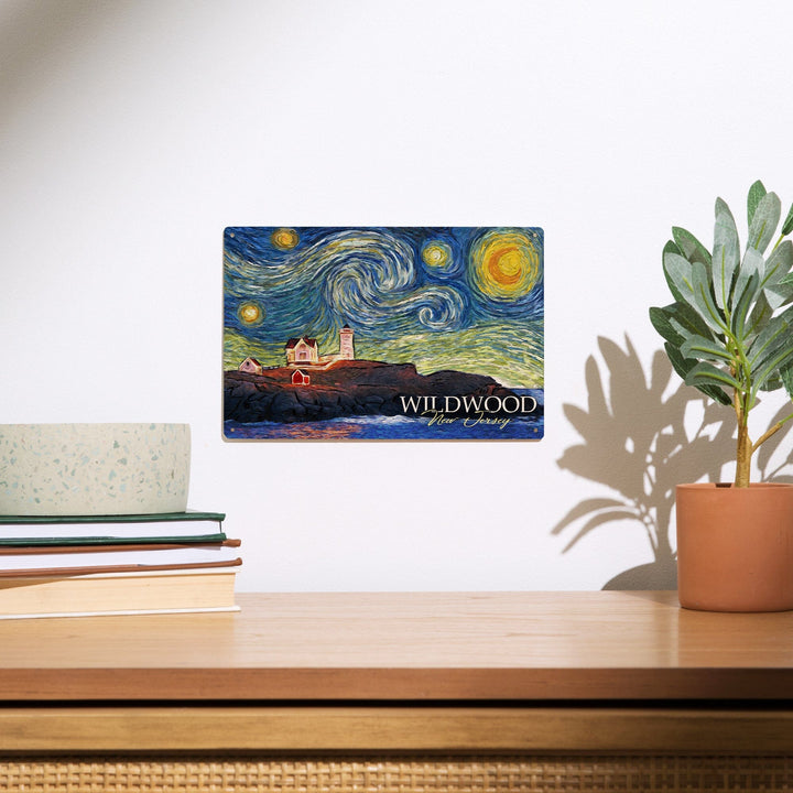 Wildwood, New Jersey, East Coast Lighthouse, Starry Night, Lantern Press Artwork, Wood Signs and Postcards Wood Lantern Press