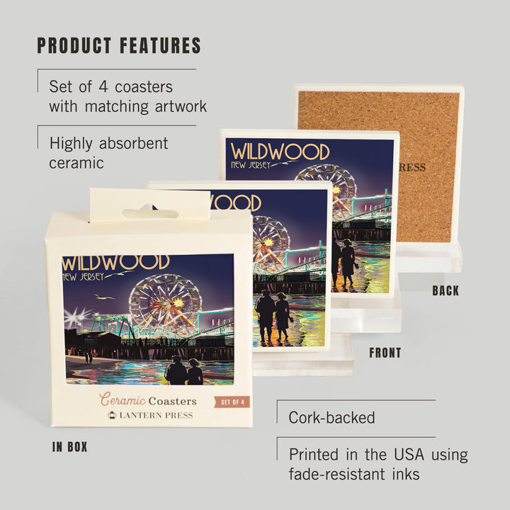 Wildwood, New Jersey, Pier and Rides at Night, Coasters Coasters Lantern Press