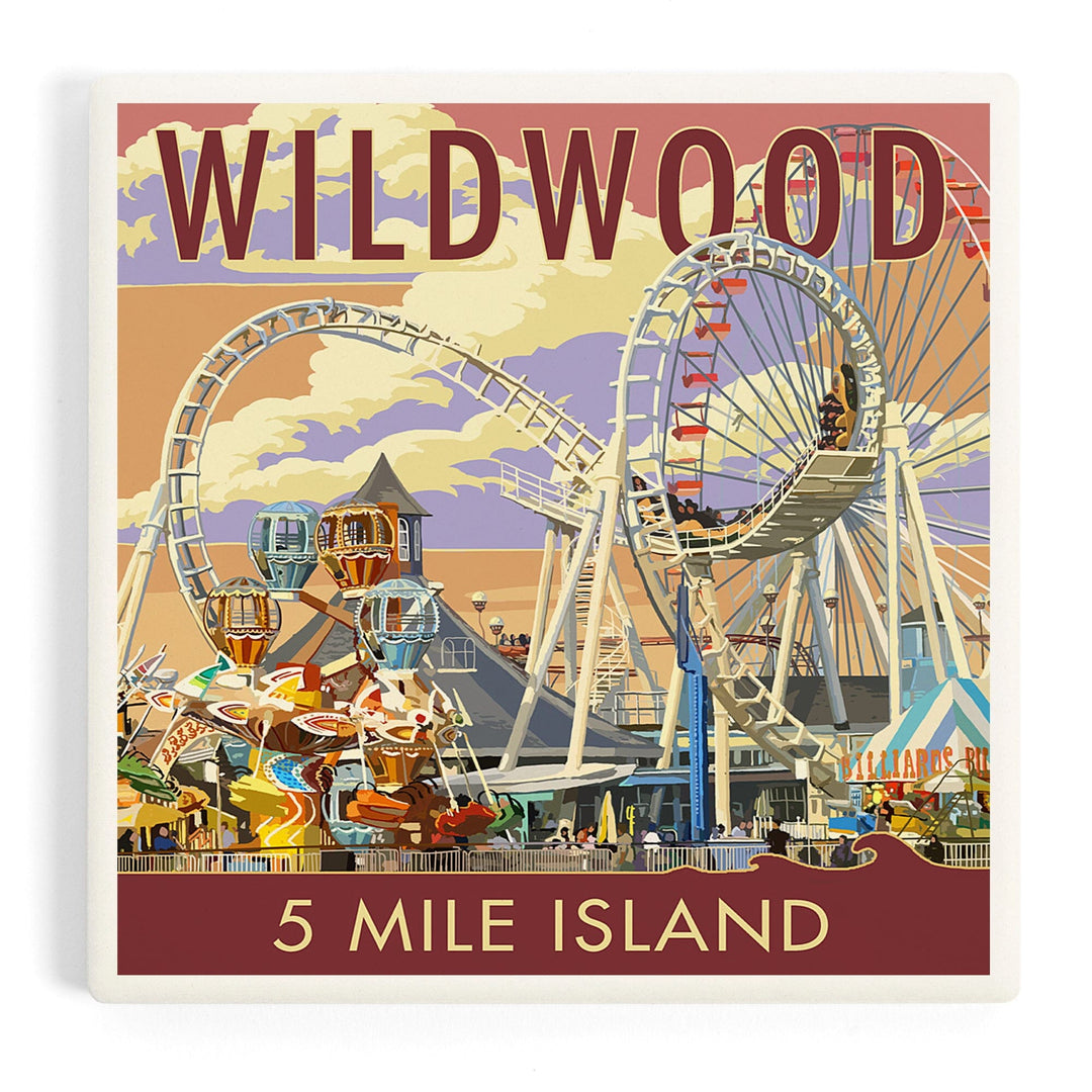 Wildwood, New Jersey, Pier and Sunset, Coasters Coasters Lantern Press Coaster