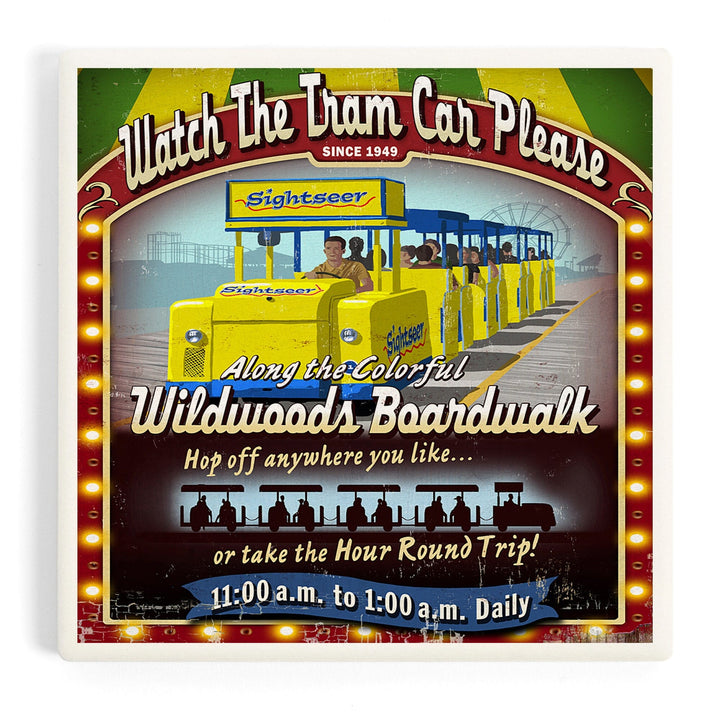 Wildwood, New Jersey, Tram Car Vintage Sign, Coasters Coasters Lantern Press Coaster