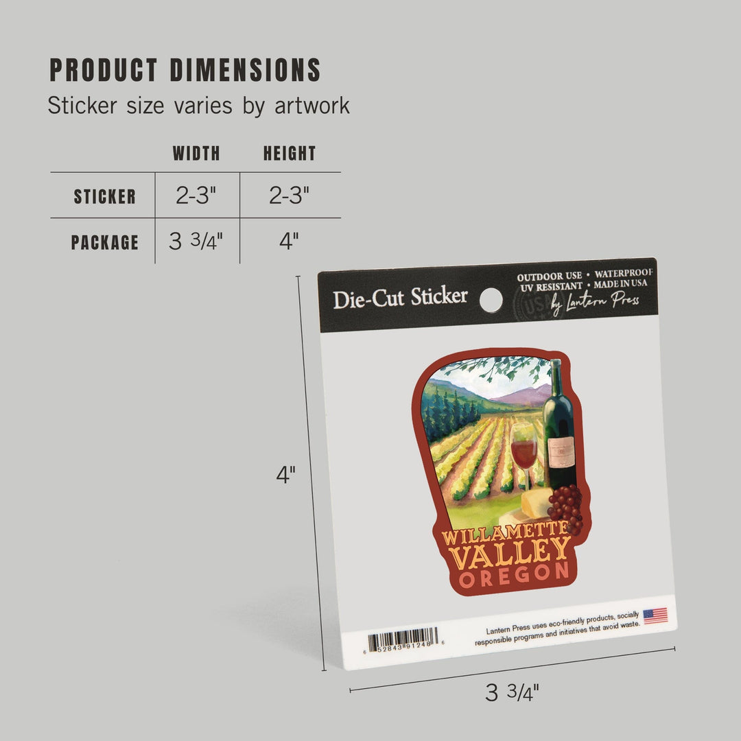 Willamette Valley, Oregon, Wine Country, Contour, Lantern Press Artwork, Vinyl Sticker Sticker Lantern Press