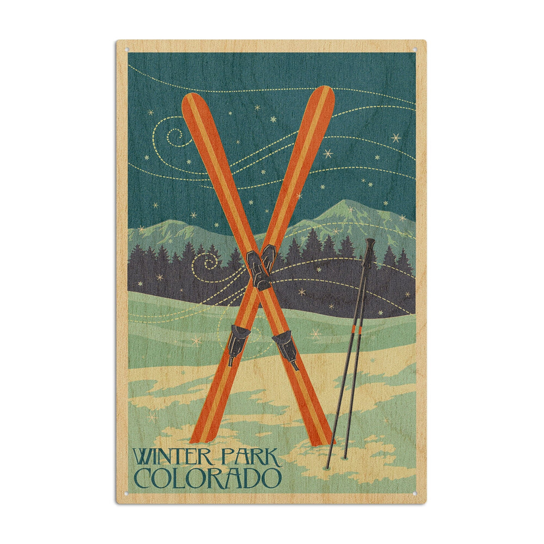 Winter Park, Colorado, Crossed Skis, Letterpress, Lantern Press Artwork, Wood Signs and Postcards Wood Lantern Press 10 x 15 Wood Sign