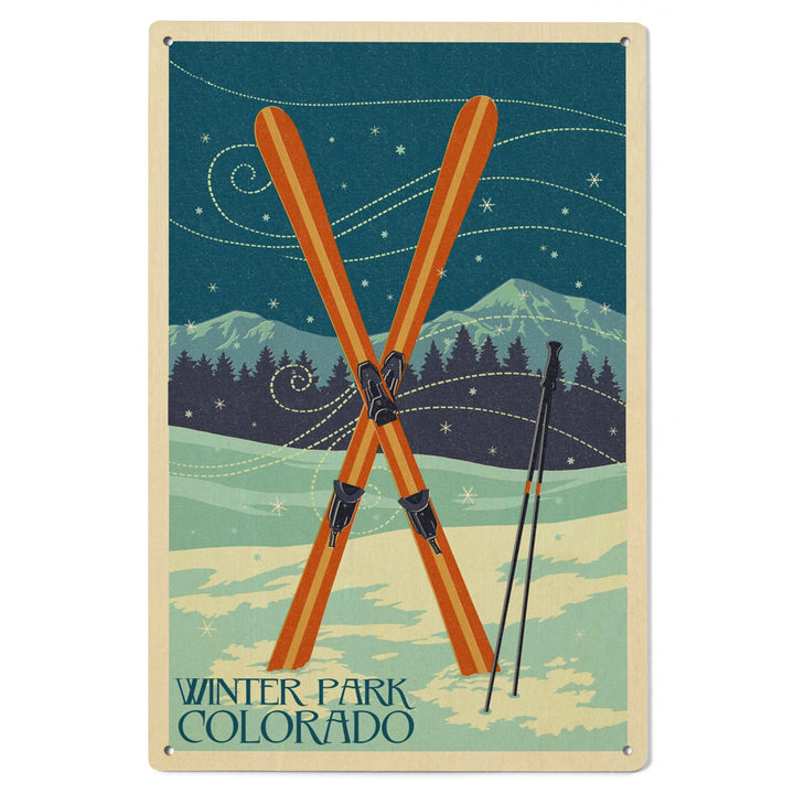 Winter Park, Colorado, Crossed Skis, Letterpress, Lantern Press Artwork, Wood Signs and Postcards Wood Lantern Press