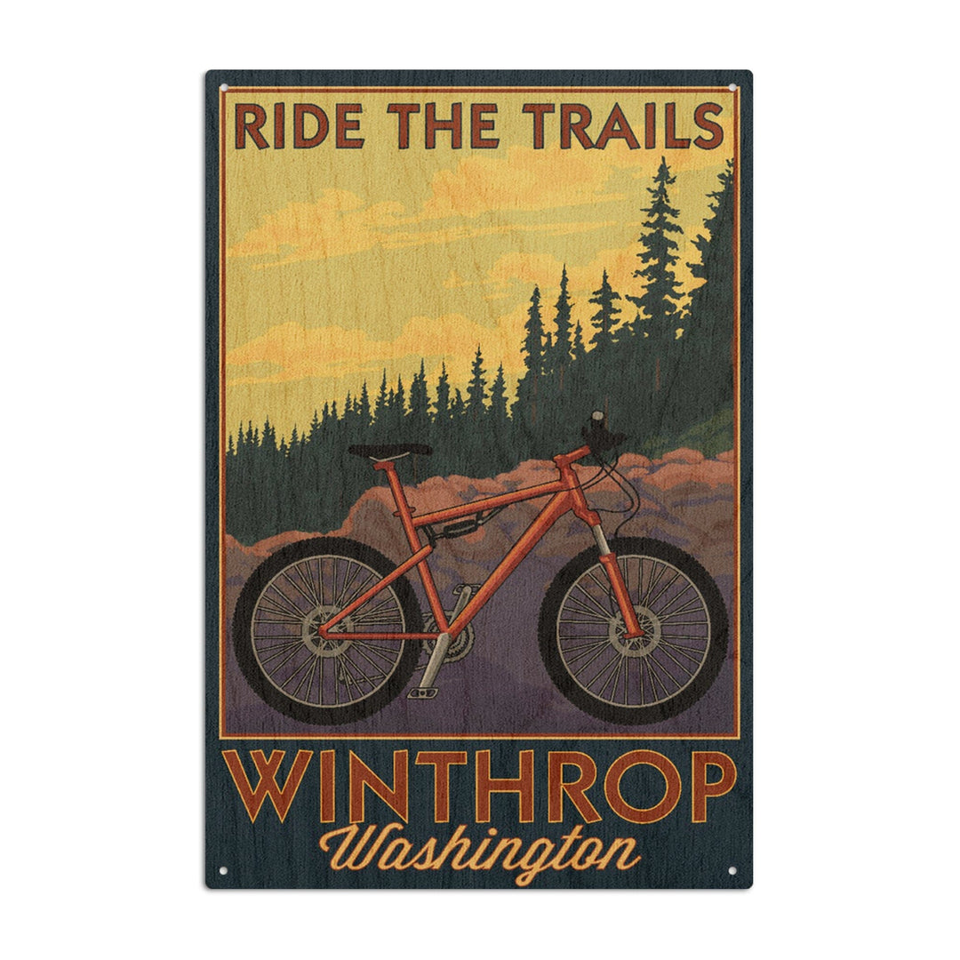 Winthrop, Washington, Ride the Trails, Mountain Bike Scene, Lantern Press Artwork, Wood Signs and Postcards Wood Lantern Press 10 x 15 Wood Sign