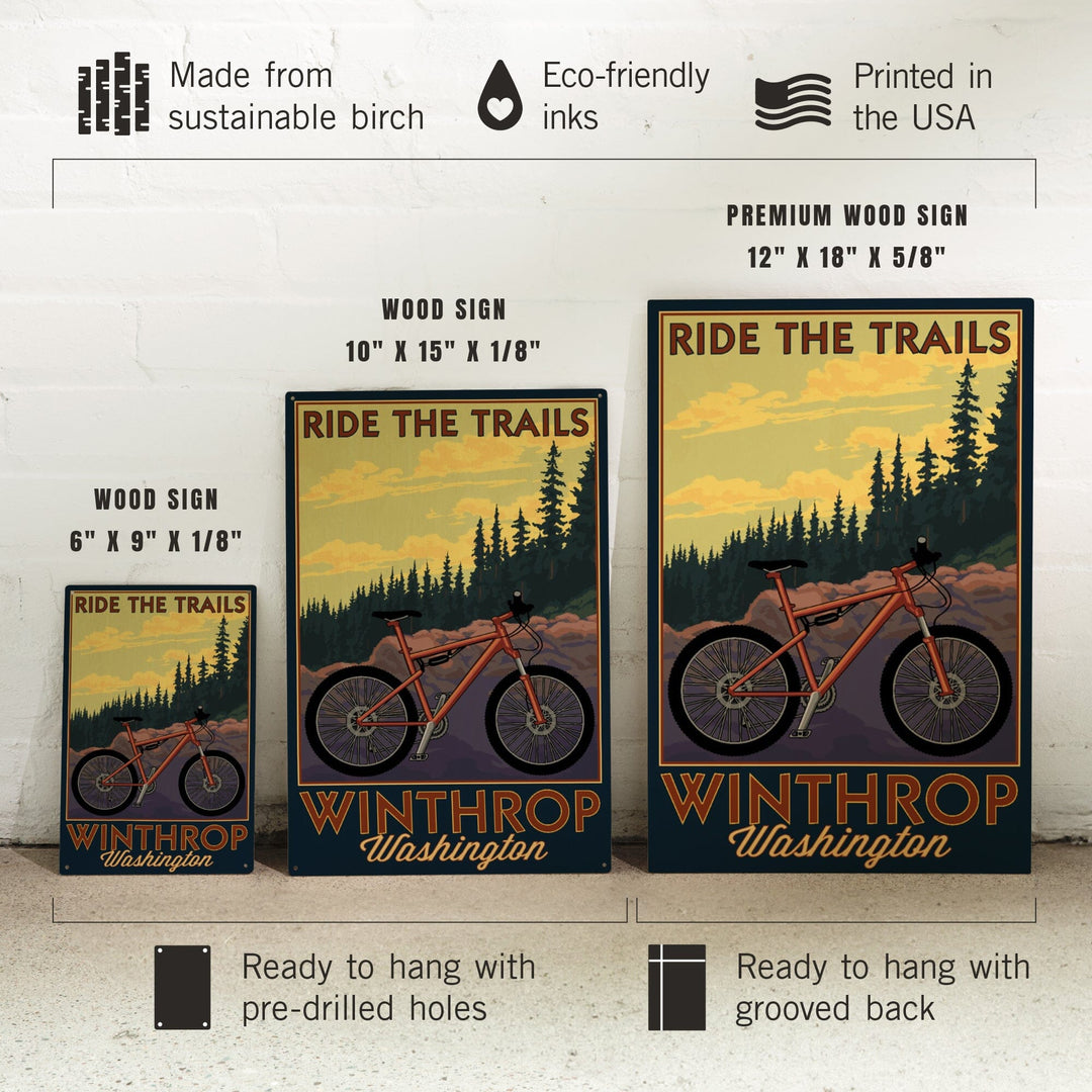 Winthrop, Washington, Ride the Trails, Mountain Bike Scene, Lantern Press Artwork, Wood Signs and Postcards Wood Lantern Press
