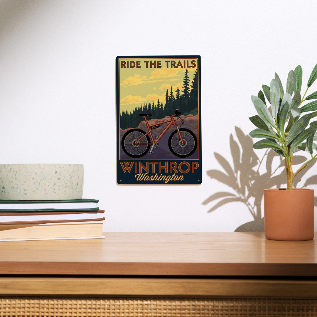 Winthrop, Washington, Ride the Trails, Mountain Bike Scene, Lantern Press Artwork, Wood Signs and Postcards Wood Lantern Press