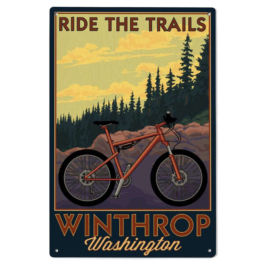Winthrop, Washington, Ride the Trails, Mountain Bike Scene, Lantern Press Artwork, Wood Signs and Postcards Wood Lantern Press