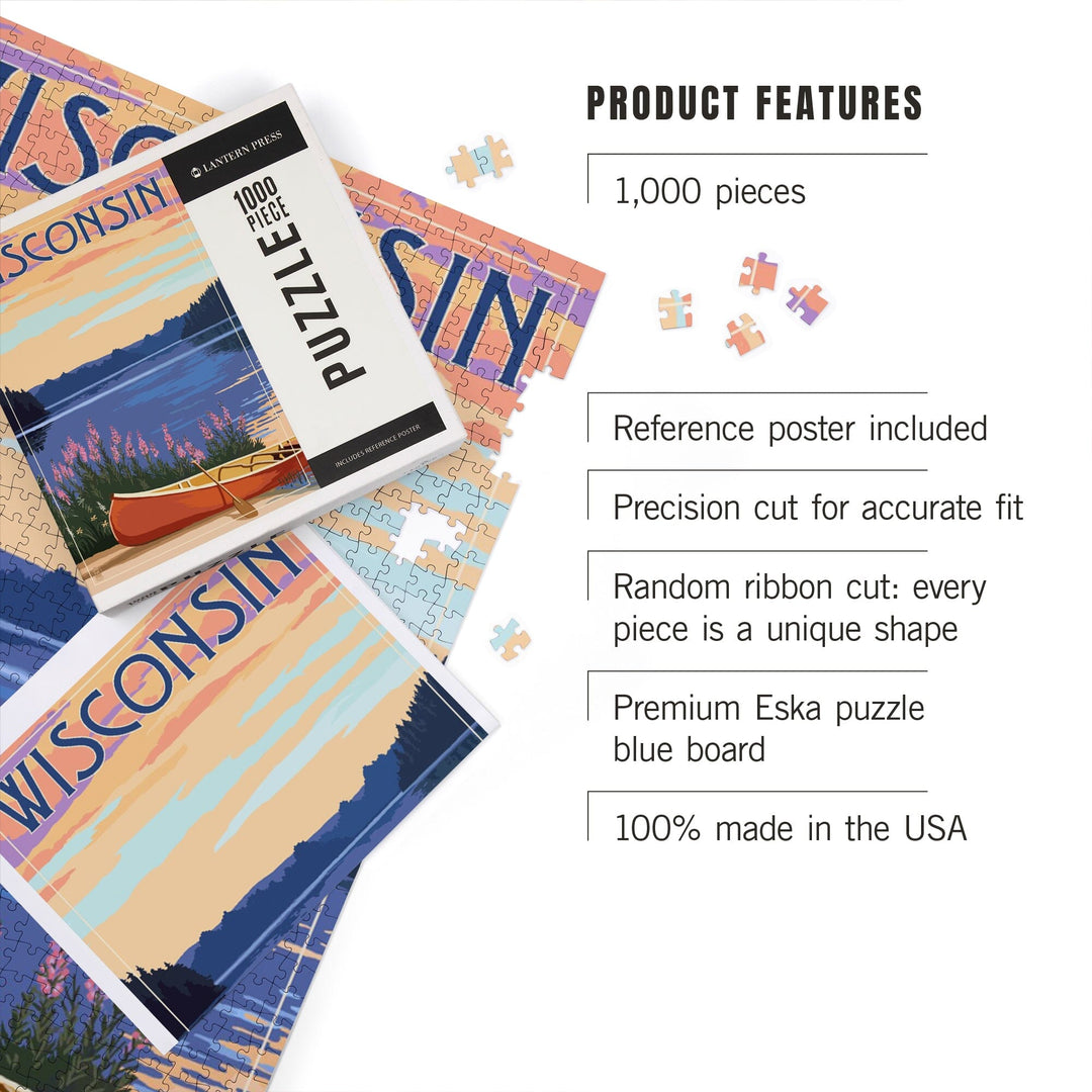 Wisconsin, Canoe and Lake, Jigsaw Puzzle Puzzle Lantern Press