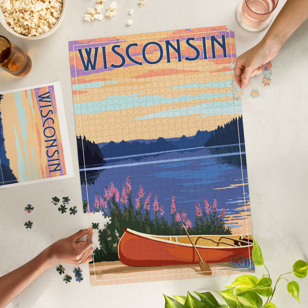 Wisconsin, Canoe and Lake, Jigsaw Puzzle Puzzle Lantern Press