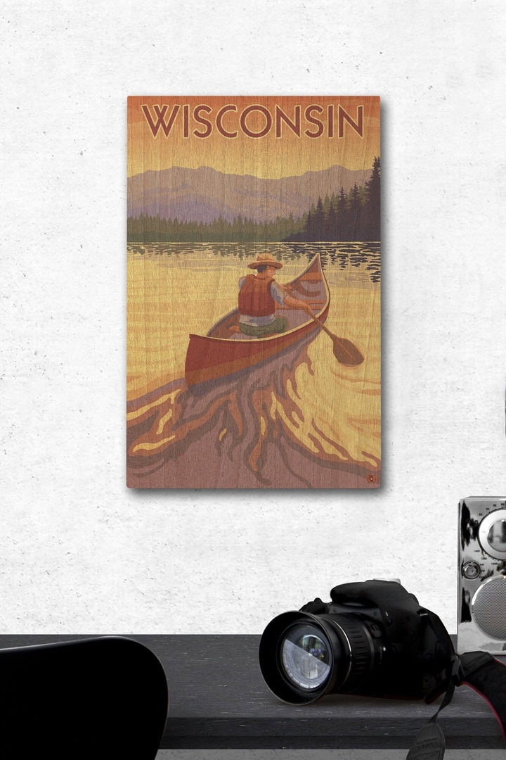 Wisconsin, Canoe Scene, Lantern Press Artwork, Wood Signs and Postcards Wood Lantern Press 12 x 18 Wood Gallery Print