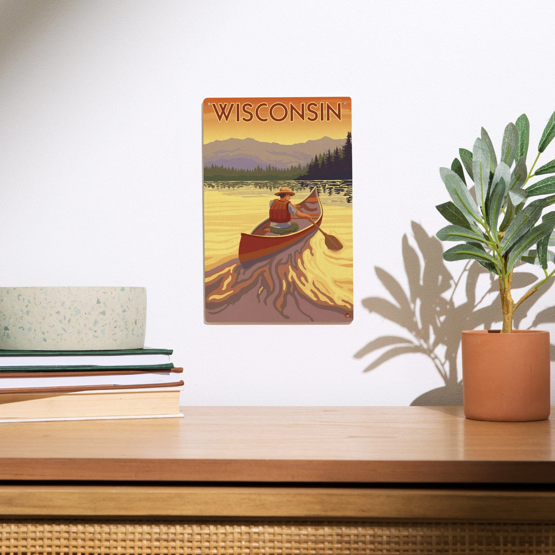 Wisconsin, Canoe Scene, Lantern Press Artwork, Wood Signs and Postcards Wood Lantern Press
