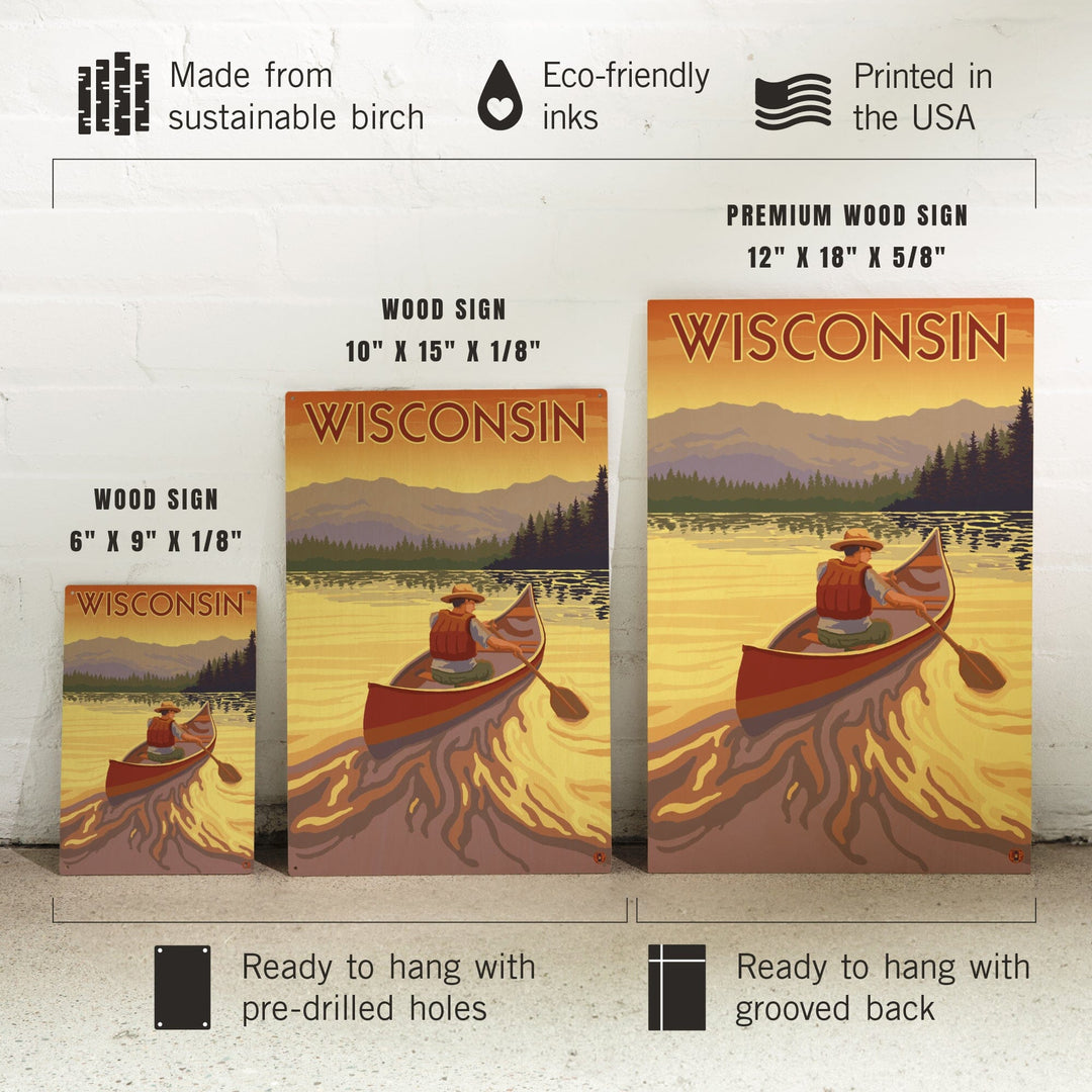 Wisconsin, Canoe Scene, Lantern Press Artwork, Wood Signs and Postcards Wood Lantern Press