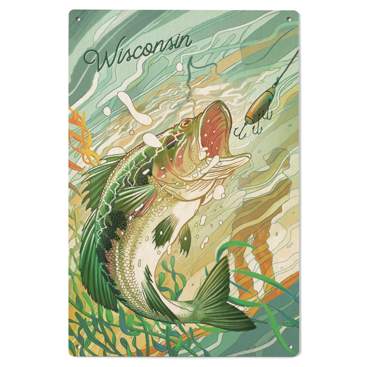 Wisconsin, Fish All Day, Bass, Wood Signs and Postcards Wood Lantern Press