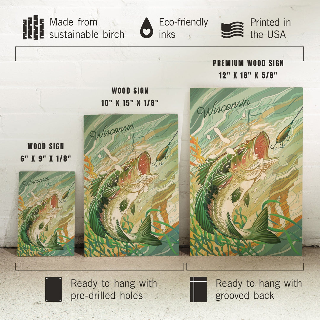 Wisconsin, Fish All Day, Bass, Wood Signs and Postcards Wood Lantern Press