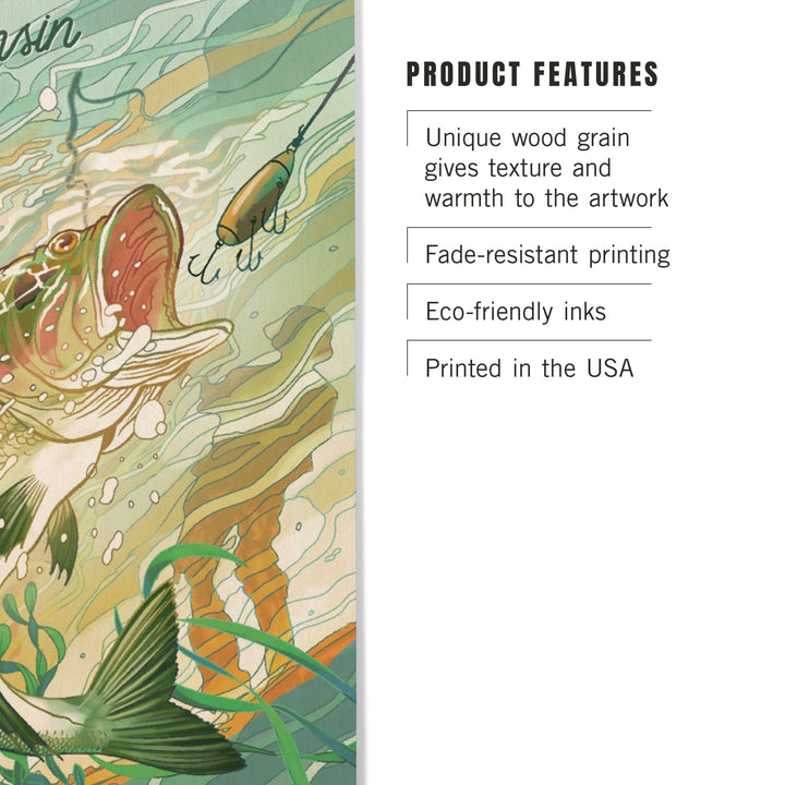 Wisconsin, Fish All Day, Bass, Wood Signs and Postcards Wood Lantern Press