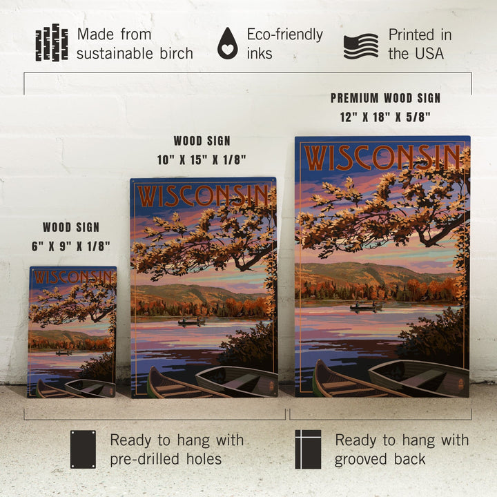 Wisconsin, Lake Sunset Scene, Lantern Press Artwork, Wood Signs and Postcards Wood Lantern Press