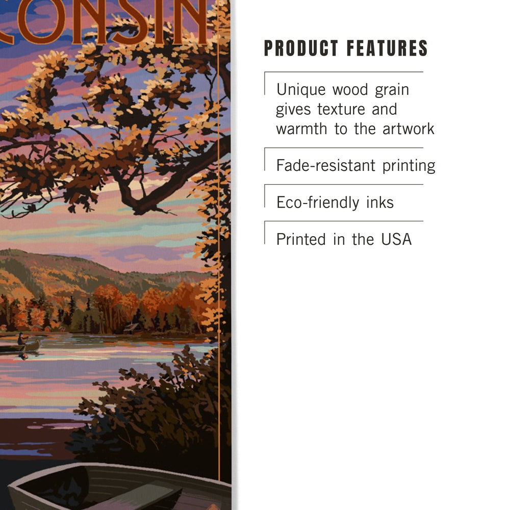 Wisconsin, Lake Sunset Scene, Lantern Press Artwork, Wood Signs and Postcards Wood Lantern Press