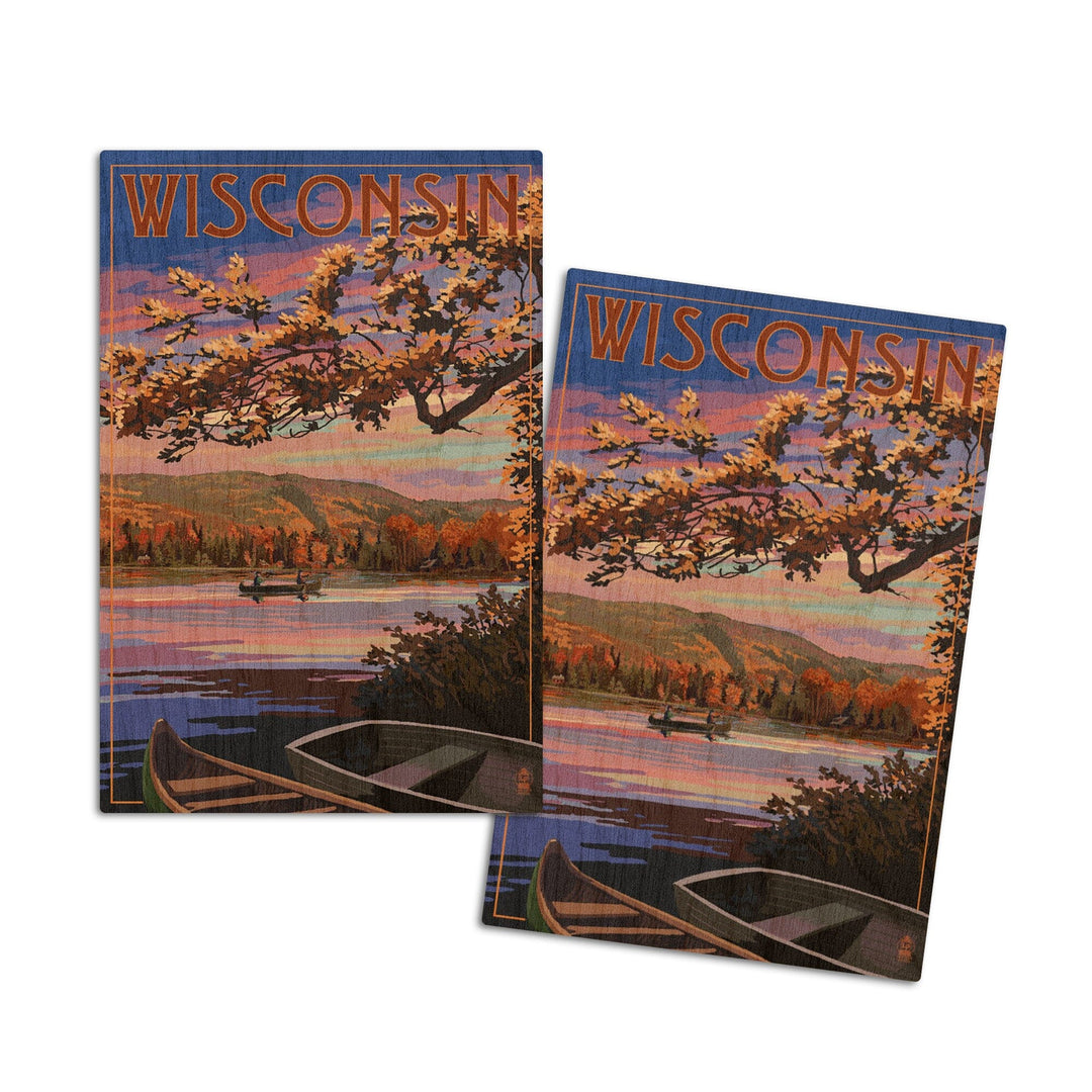 Wisconsin, Lake Sunset Scene, Lantern Press Artwork, Wood Signs and Postcards Wood Lantern Press 4x6 Wood Postcard Set