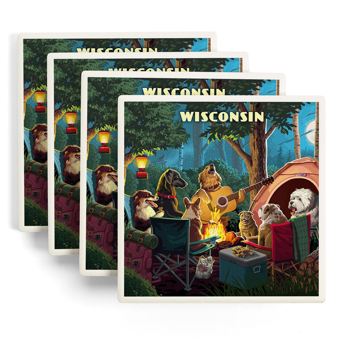 Wisconsin, Painterly, Pack Life, Dogs Around Campfire, Coasters Coasters Lantern Press