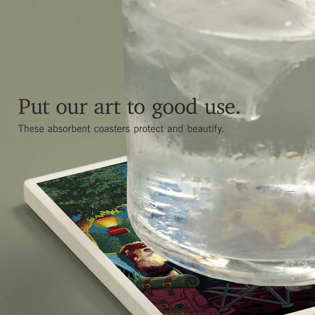 Wisconsin, Painterly, Pack Life, Dogs Around Campfire, Coasters Coasters Lantern Press