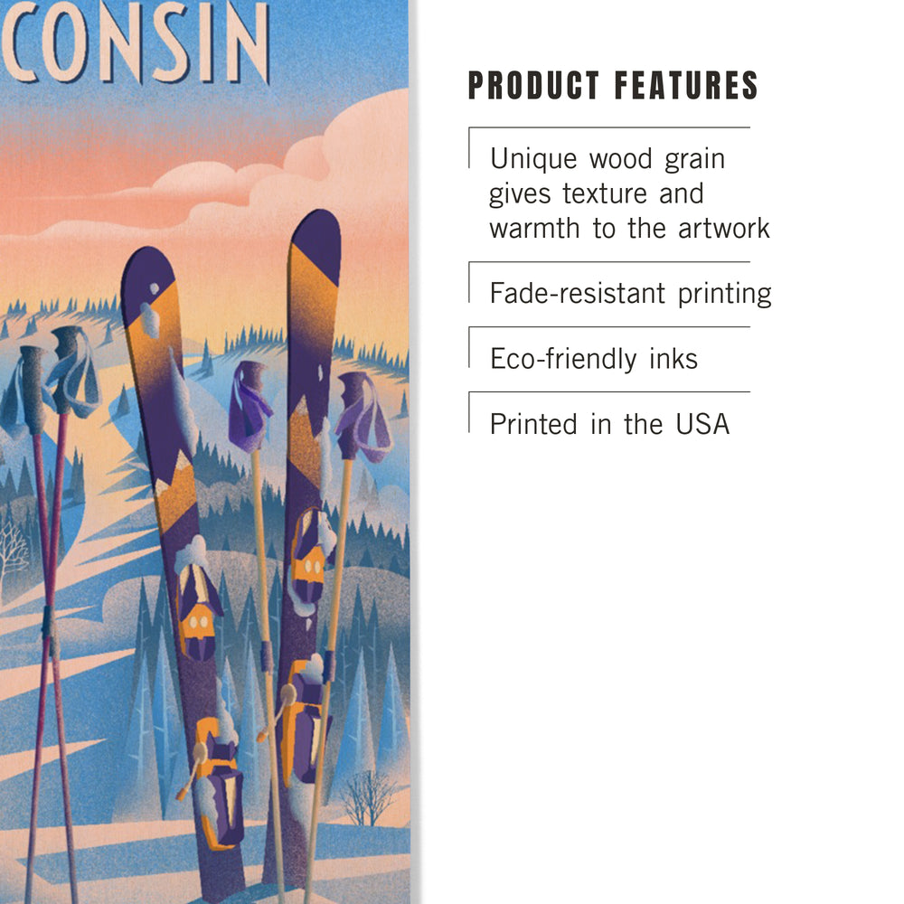 Wisconsin, Prepare for Takeoff, Skis in Snowbank, Wood Signs and Postcards Wood Lantern Press