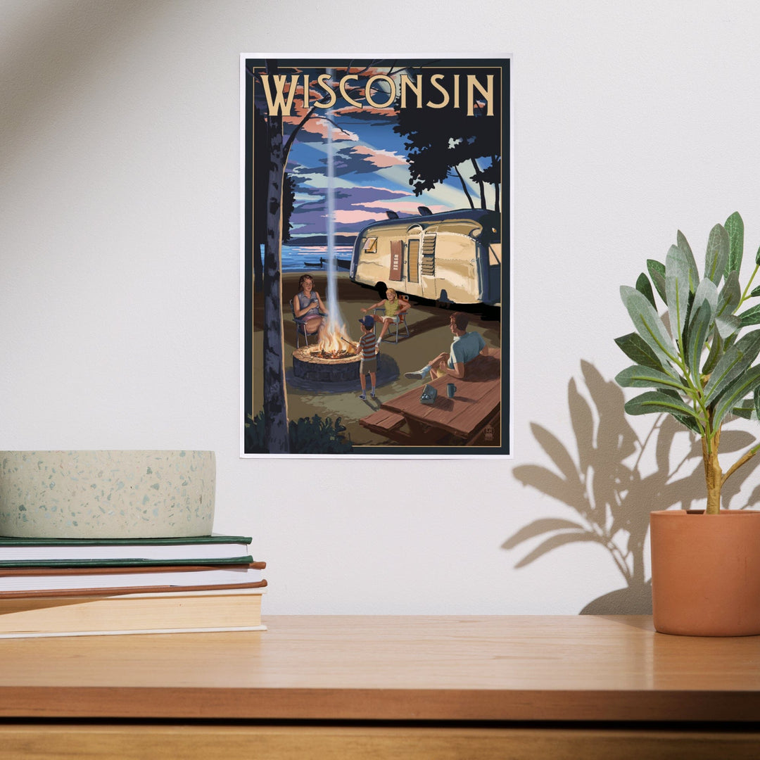 Wisconsin, Retro Camper and Lake, Art & Giclee Prints Art Lantern Press