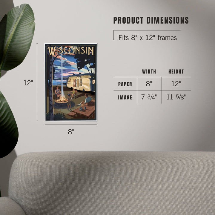 Wisconsin, Retro Camper and Lake, Art & Giclee Prints Art Lantern Press