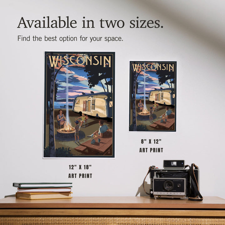 Wisconsin, Retro Camper and Lake, Art & Giclee Prints Art Lantern Press