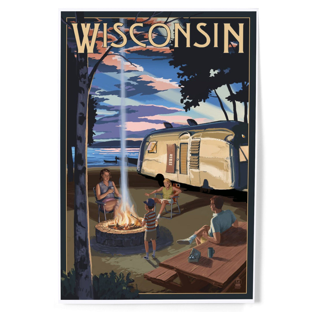 Wisconsin, Retro Camper and Lake, Art & Giclee Prints Art Lantern Press 8 x 12 Art Print
