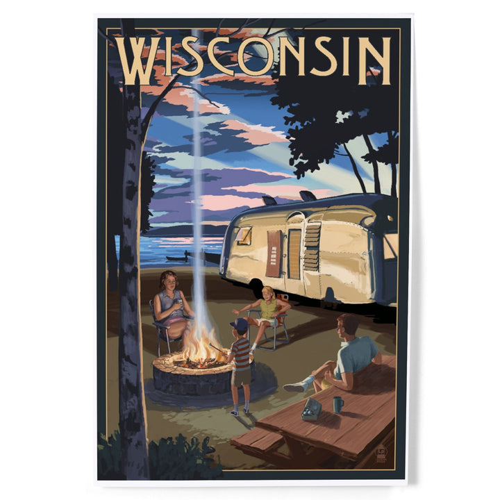 Wisconsin, Retro Camper and Lake, Art & Giclee Prints Art Lantern Press
