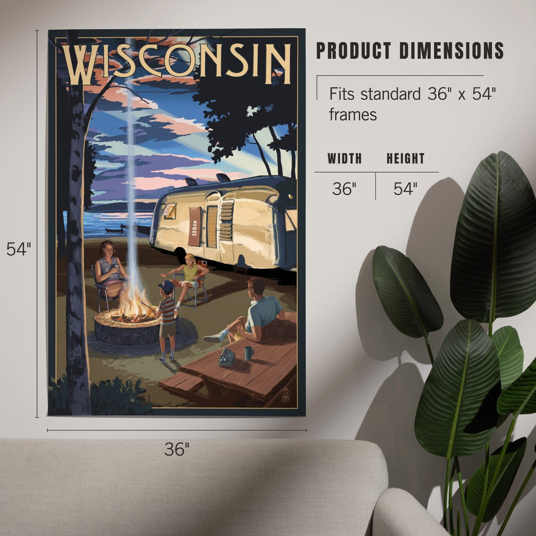 Wisconsin, Retro Camper and Lake, Art & Giclee Prints Art Lantern Press