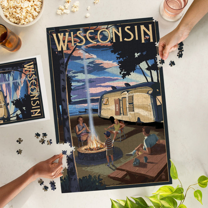 Wisconsin, Retro Camper and Lake, Jigsaw Puzzle Puzzle Lantern Press