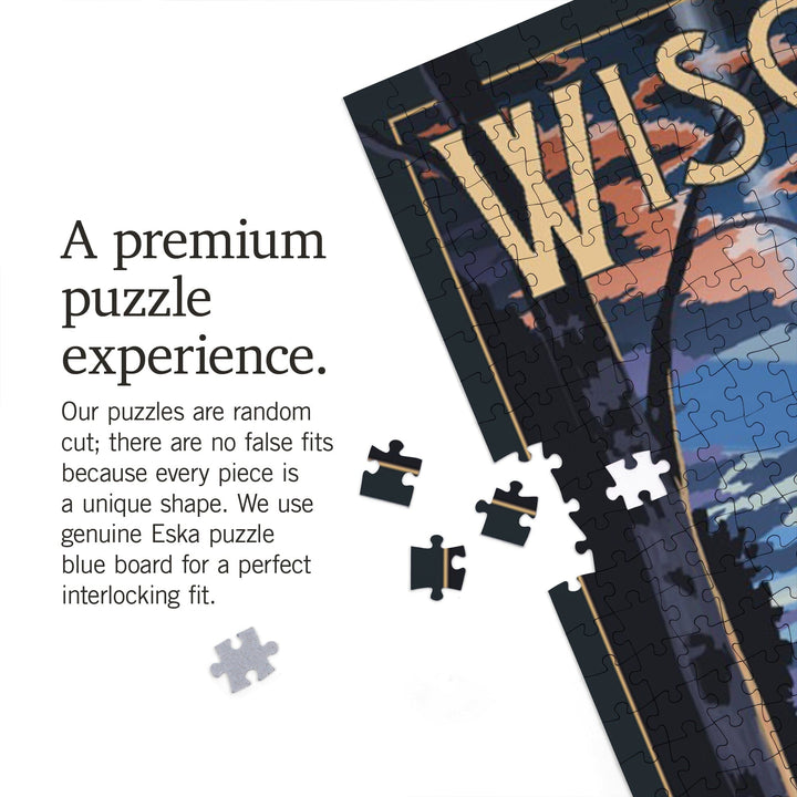 Wisconsin, Retro Camper and Lake, Jigsaw Puzzle Puzzle Lantern Press