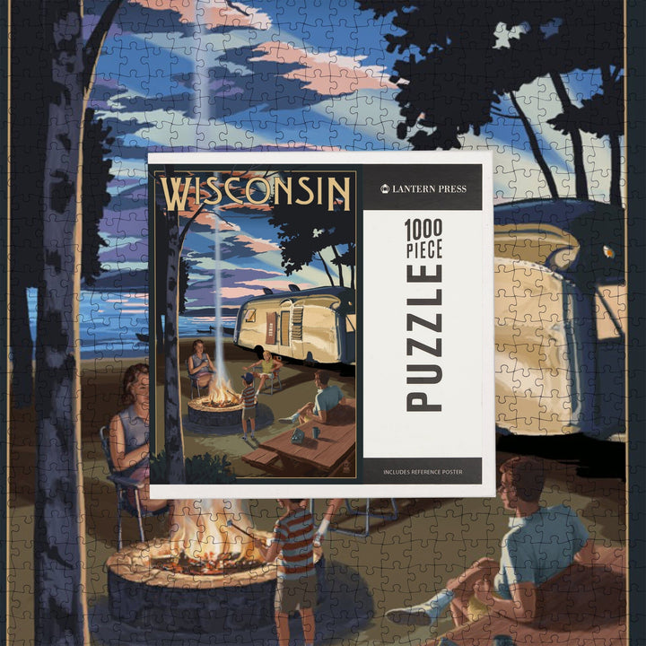 Wisconsin, Retro Camper and Lake, Jigsaw Puzzle Puzzle Lantern Press