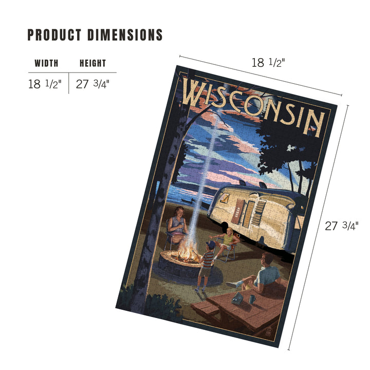 Wisconsin, Retro Camper and Lake, Jigsaw Puzzle Puzzle Lantern Press