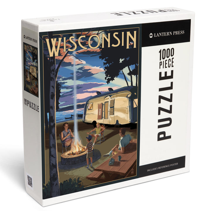 Wisconsin, Retro Camper and Lake, Jigsaw Puzzle Puzzle Lantern Press