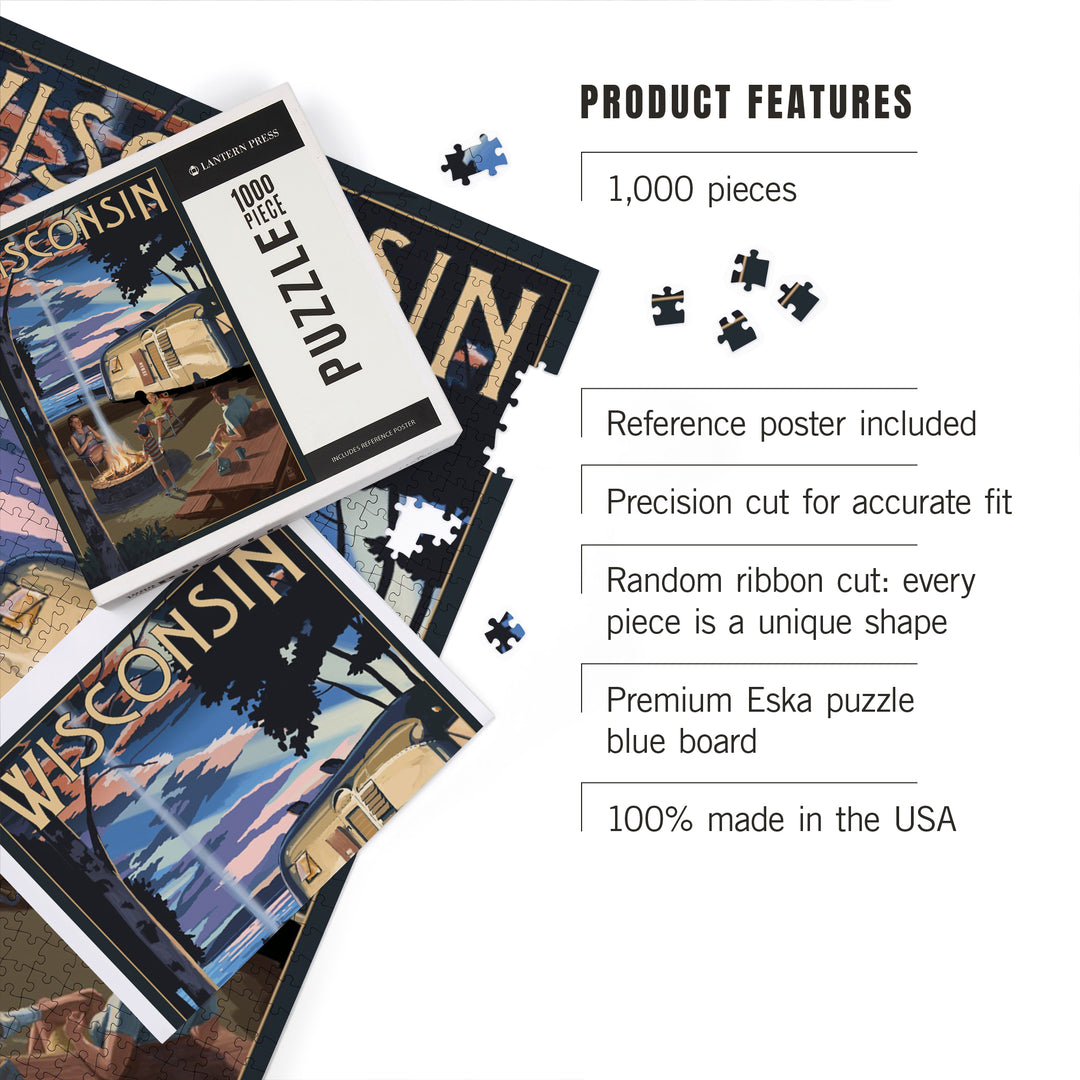 Wisconsin, Retro Camper and Lake, Jigsaw Puzzle Puzzle Lantern Press