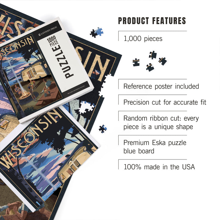 Wisconsin, Retro Camper and Lake, Jigsaw Puzzle Puzzle Lantern Press