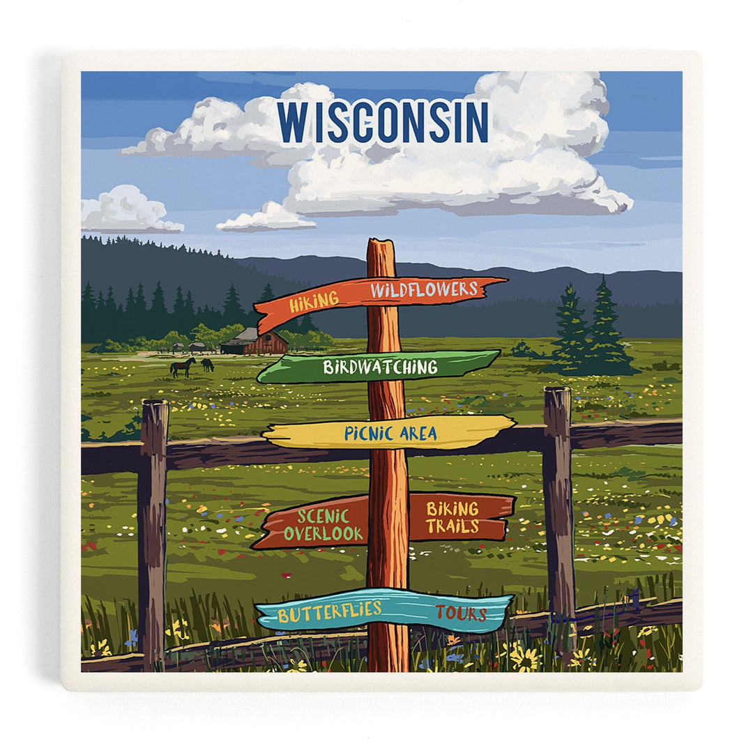 Wisconsin, Signpost, Meadow, Coasters Coasters Lantern Press