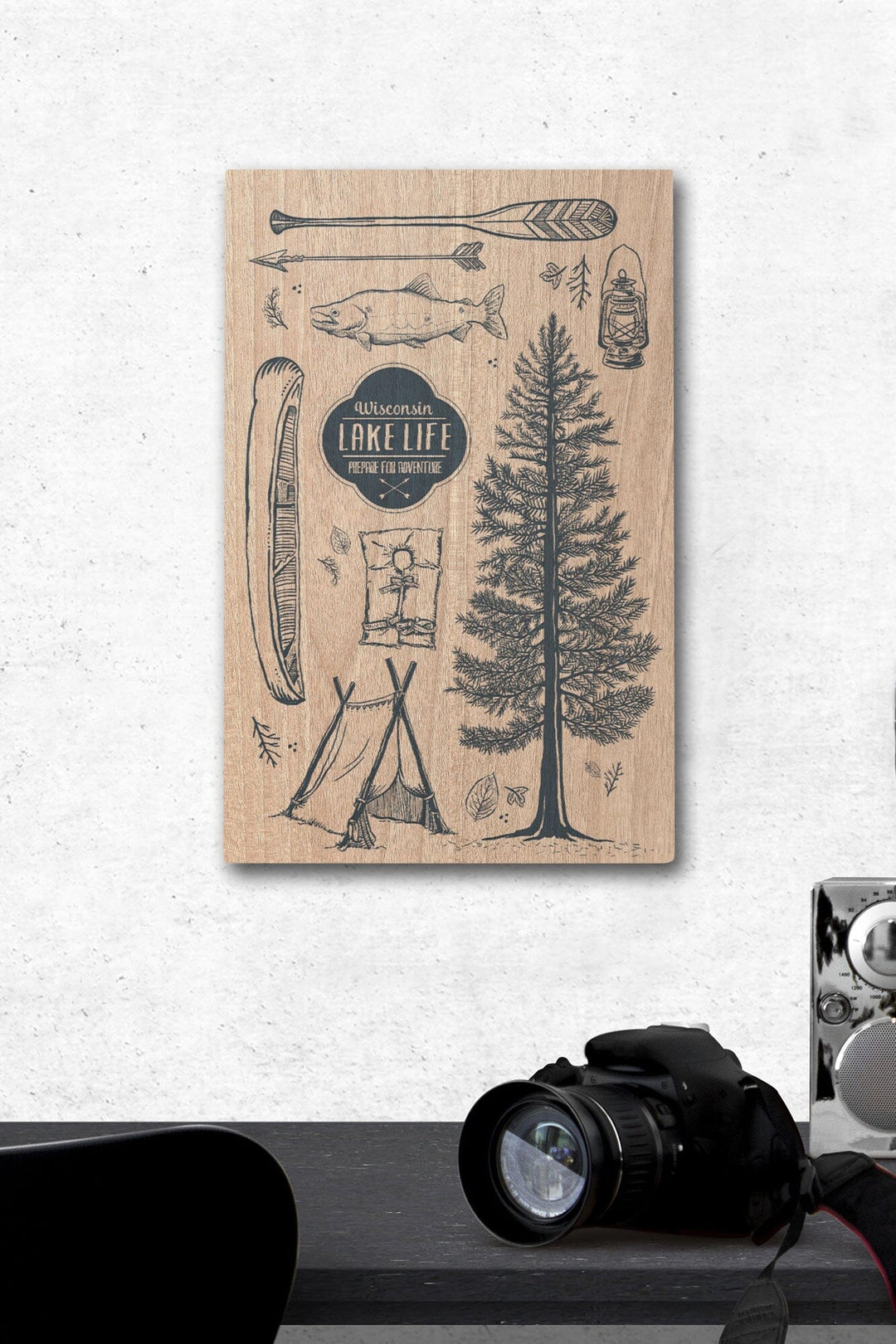 Wisconsin, The Lake Life, Lake Collage, Lantern Press Artwork, Wood Signs and Postcards Wood Lantern Press 12 x 18 Wood Gallery Print