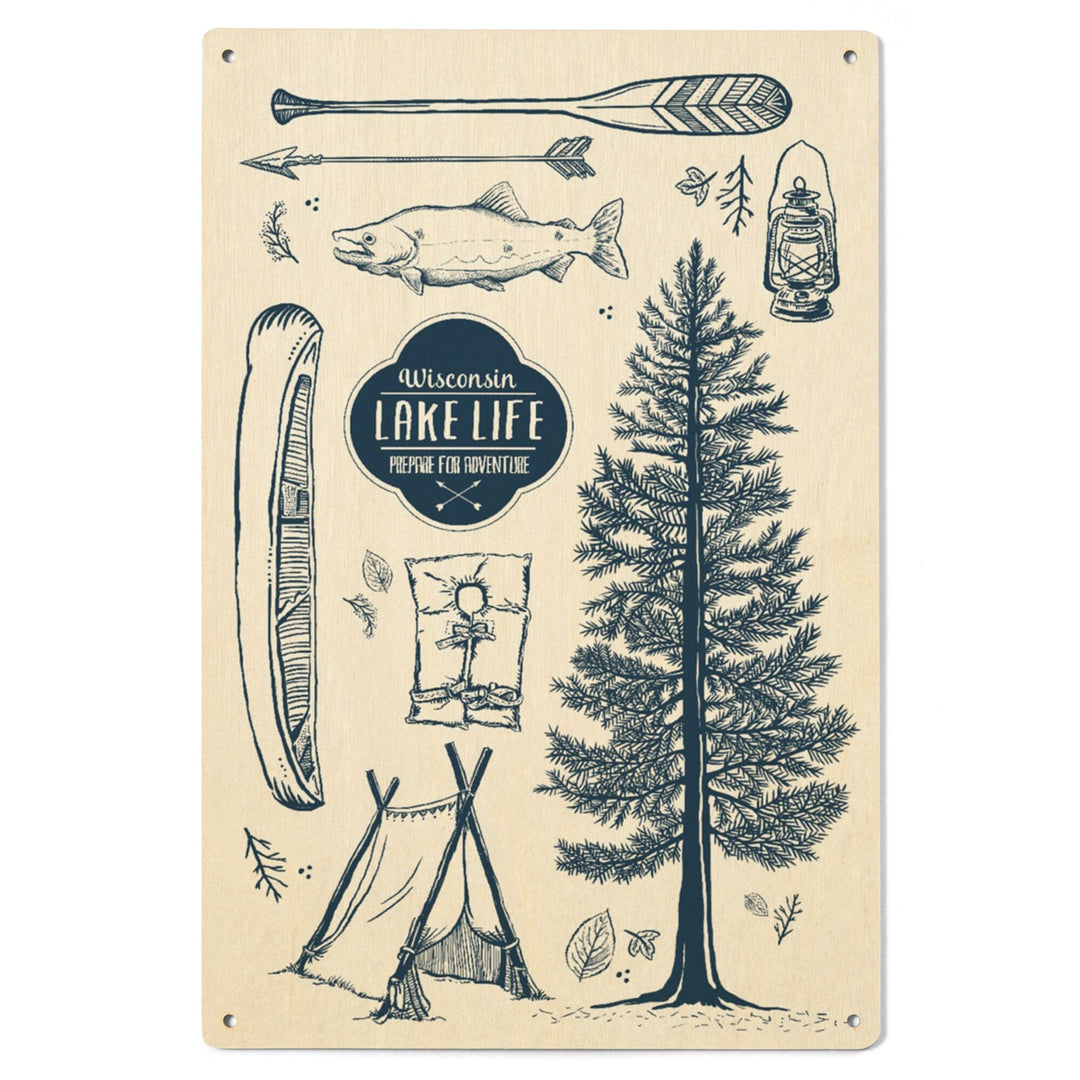 Wisconsin, The Lake Life, Lake Collage, Lantern Press Artwork, Wood Signs and Postcards Wood Lantern Press