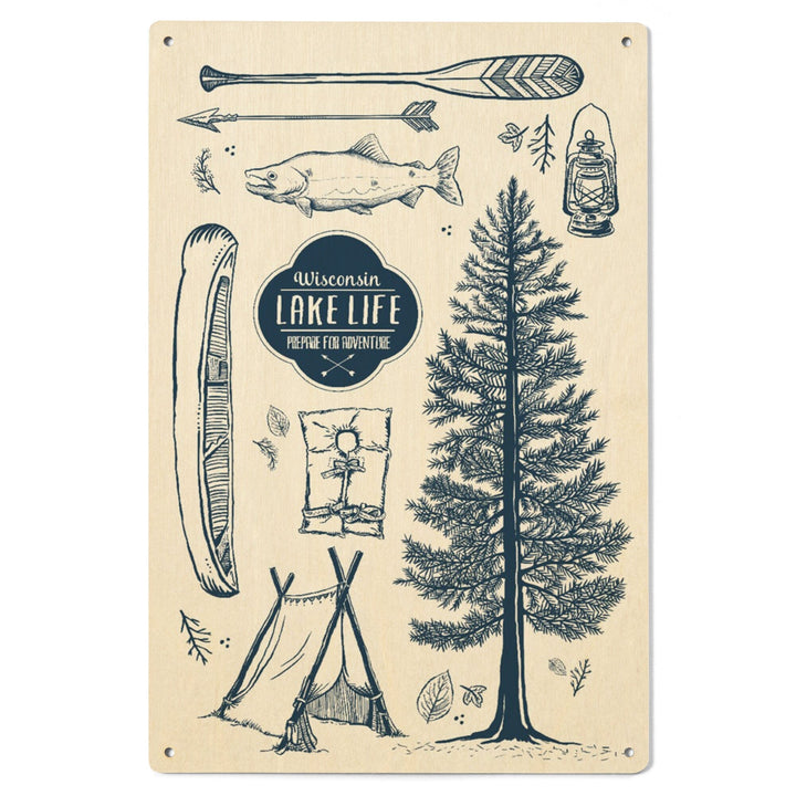 Wisconsin, The Lake Life, Lake Collage, Lantern Press Artwork, Wood Signs and Postcards Wood Lantern Press